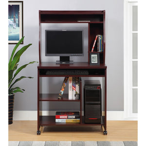 English Elm Microwave Rolling Cart with Hutch Shelves Sliding Tray and Locking Wheels for Kitchen Mahogany B107P306191