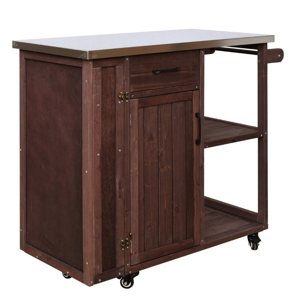 English Elm Foldable Outdoor Kitchen Cart with Stainless Worktop Fir Wood Frame and Lockable Wheels Dark Brown N719P380278S