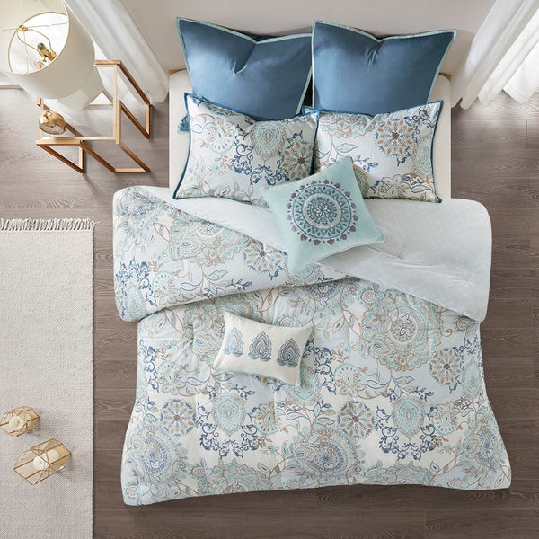 English Elm 8 Madison Park Isla Cotton Reversible Floral Comforter Set Queen OEKO-TEX Botanical Watercolor Medallion Blue 23.62 L x 18.9 W x 14.96 H B03597066
