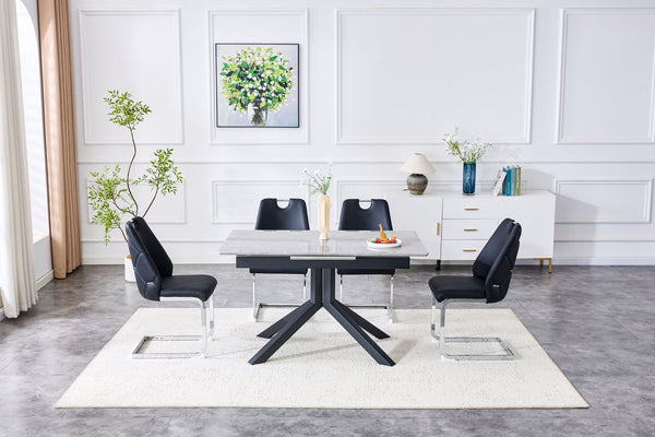 English Elm Modern Extendable Rectangular Dining Table with Scratch‑Resistant MDF Top and Matte Geometric Legs, Space‑Saving Centerpiece for Home or Office W3493S00008