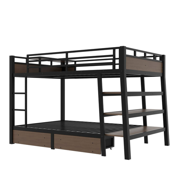 English Elm Full Size Metal Loft Bed with Stair Storage Shelves Bookshelf for Dorms Bedroom W1580S00347
