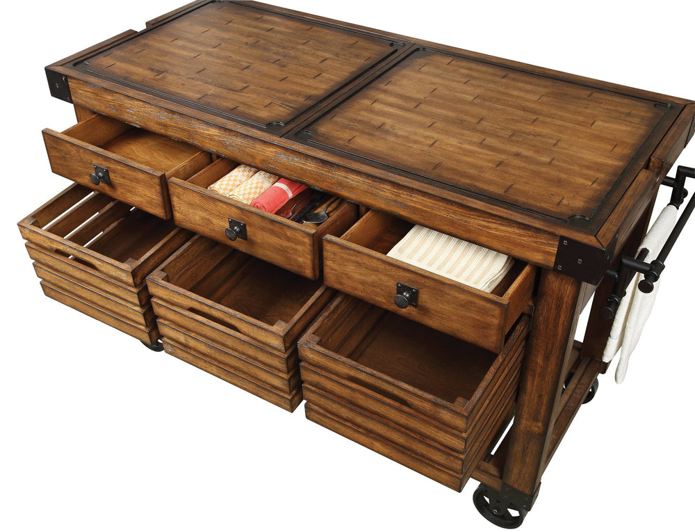 English Elm Kaif Distressed Chestnut Finish Kitchen Cart with Removable Boards, 3 Baskets, 3 Drawers & Casters B2726P251801