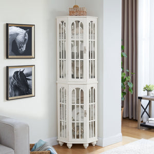 English Elm Corner Curio Cabinet with 6 Shelves, Tempered Glass Display, Built-In Lighting, Mirrored Back White W1693P216951