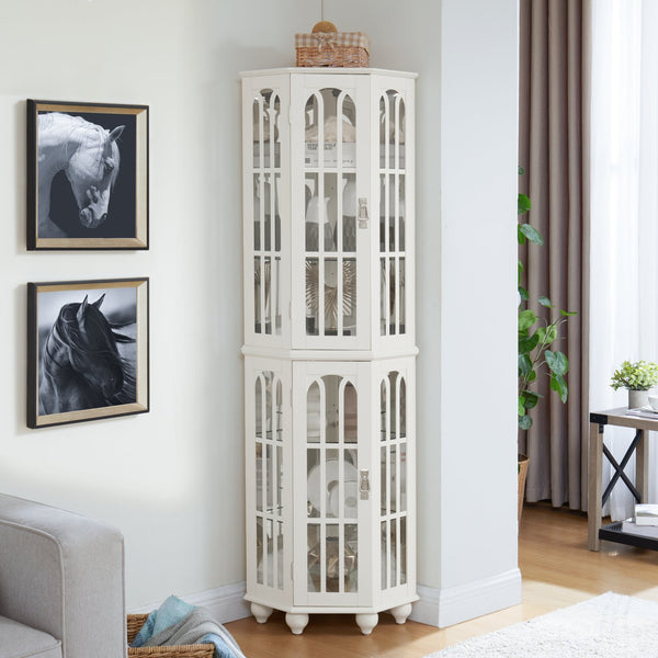 English Elm Corner Curio Cabinet with 6 Shelves, Tempered Glass Display, Built-In Lighting, Mirrored Back White W1693P216951