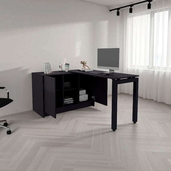 English Elm Desk Rotating L-Shape 28.5" H Black Wengue Corner Workstation with 2 Doors, 5 Shelves & Legs B097S00200