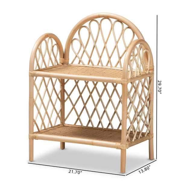 English Elm Modern Woven Rattan Two Tier Display Shelf with Curled Accents for Coastal Boho Decor B2750P470041