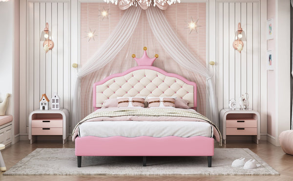 English Elm Full Full Size Lovely Crown Fantasy PU Leather Princess Bed with Tufted Headboard, Pink Cream, Sturdy Frame N733P198762H