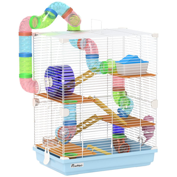 English Elm PawHut 5-Tier Hamster Cage with Tubes, Wheel & Accessories, Portable Handle, Safe Ventilated Home W2225P249991