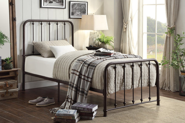 English Elm Classic Queen Platform Bed with Curved Headboard and Ball Accent Detailing, Dark Bronze Metal Frame Antique Bronze 45 L x 43.25 W x 3.75 H B011P263750