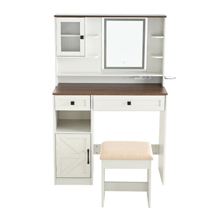 English Elm Farmhouse Makeup Vanity Desk with Lighted Mirror, Built-In Charging Station, Ample Storage and Stool White N844P291652M
