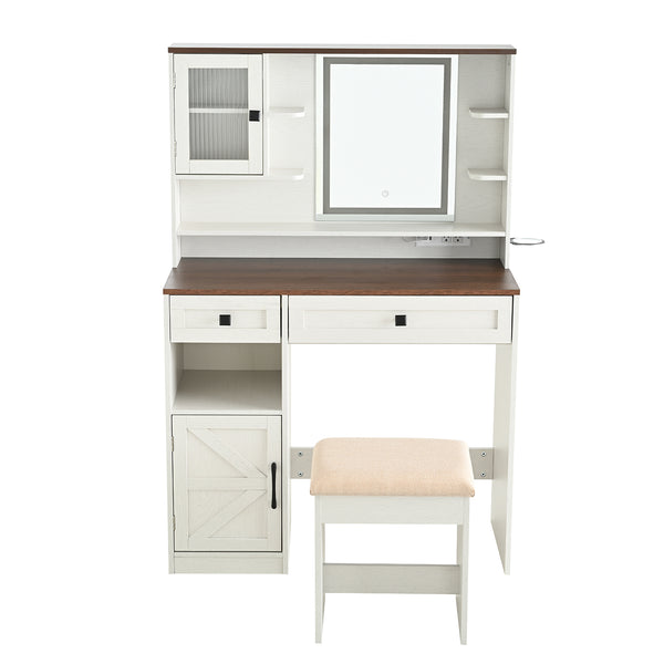 English Elm Farmhouse Makeup Vanity Desk with Lighted Mirror, Built-In Charging Station, Ample Storage and Stool White N844P291652M