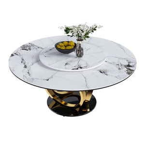 English Elm 59" Round Dining Table With 360° Lazy Susan - Stylish Sintered Stone Top, Heat/Scratch Resistant Finish W2699S00026