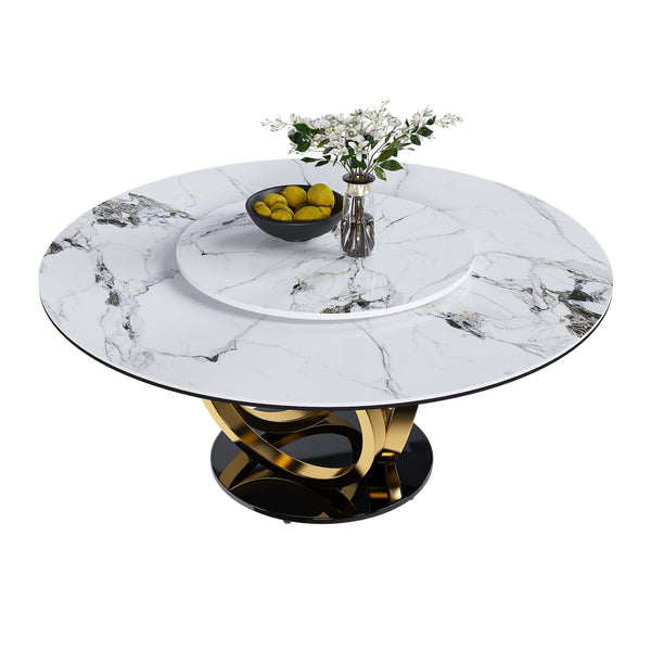 English Elm 59" Round Dining Table With 360° Lazy Susan - Stylish Sintered Stone Top, Heat/Scratch Resistant Finish W2699S00026