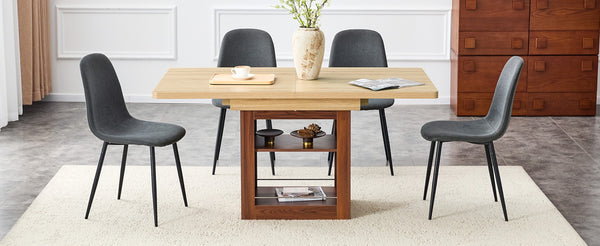English Elm Expandable Walnut Dining Set with Four Linen Chairs Seats Six in Modern Style Black,Dark Gray,Walnut,Wood W1151S04672