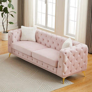 English Elm Fx Chesterfield Velvet Sofa with Diamond Tufting Polished Legs and Accent Pillows Pink W1926S00082