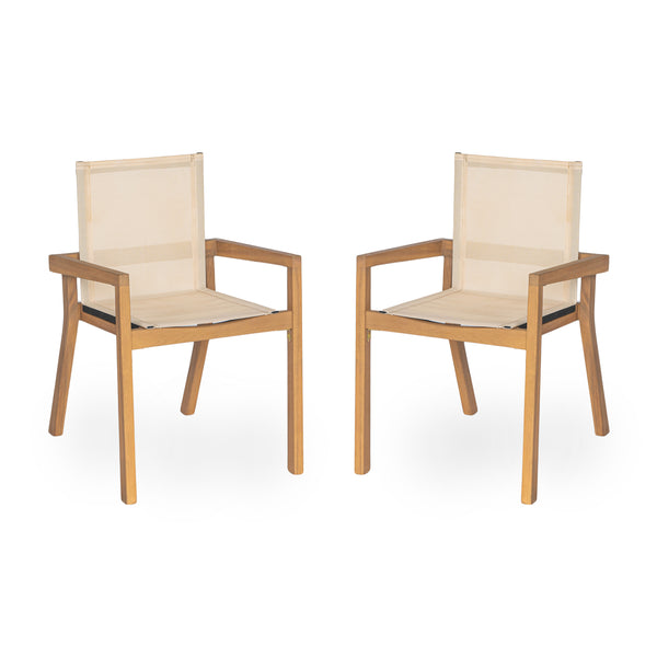 English Elm Christopher Knight Home® - BELFAST Teak Frame Outdoor Dining Chairs Set of 2 — Beige Mesh Comfort, Durable Weather-Resistant Design N762P240699A