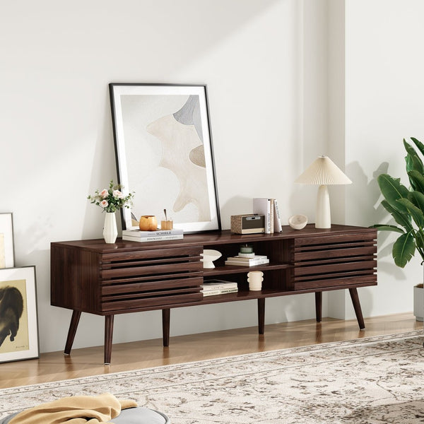 English Elm Mid Century Modern Fluted Wood Media Console with Storage Cabinets for Living Room Walnut T3623P435374