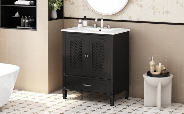 English Elm 30" Freestanding Bathroom Vanity Solid Wood Vintage Farmhouse Style Soft Close Storage N759P218644B