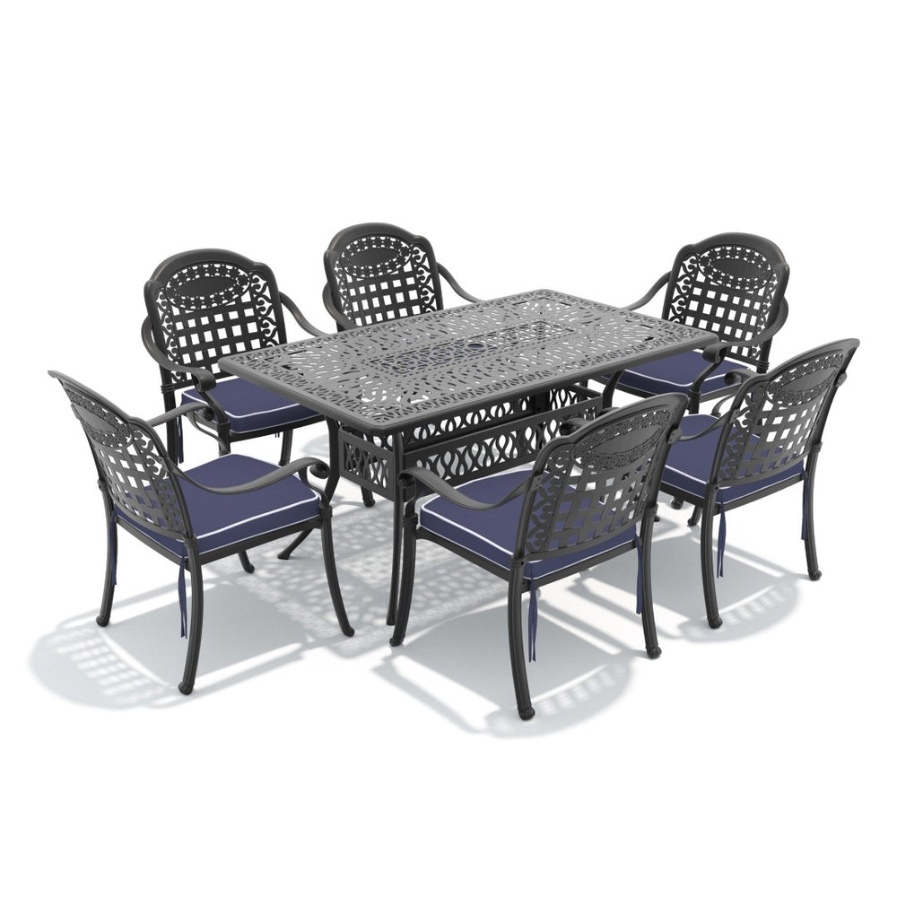 English Elm 7-piece Cast Aluminum Outdoor Dining Set with Ornate Relief Patterned Chairs and Table W1710S00638