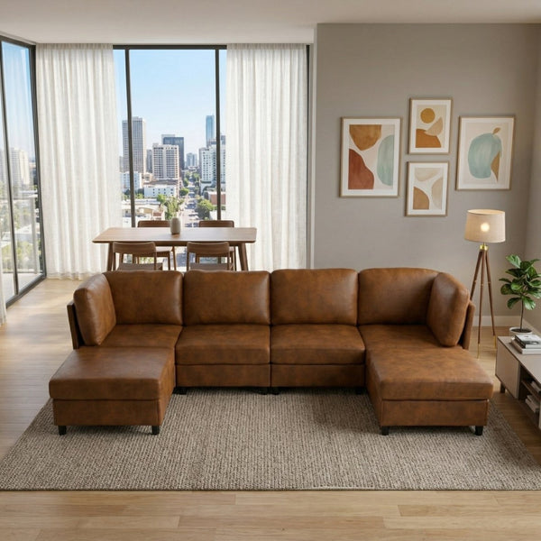 English Elm Modern Configurable Sectional Sofa Foil Fabric Low Profile Living Room Seating Light Brown W5568S00052