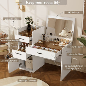 English Elm 3-in-1 Vanity Desk Flip Mirror Glass Top Hidden Storage Compact White Bedroom N704P391337K