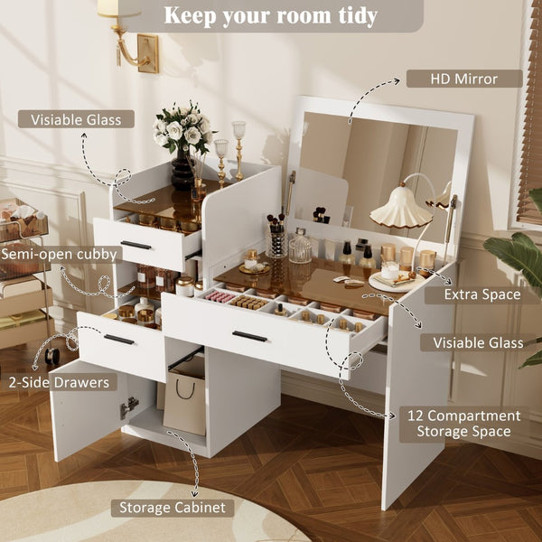 English Elm 3-in-1 Vanity Desk Flip Mirror Glass Top Hidden Storage Compact White Bedroom N704P391337K