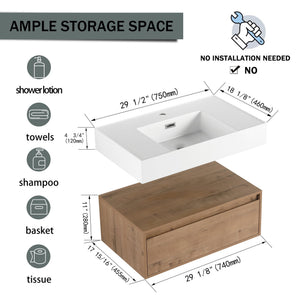 English Elm 30-Inch Wall-Mounted Bathroom Vanity With Resin Sink, Soft-Close Drawer, Modern Oak Finish Design W999S00256