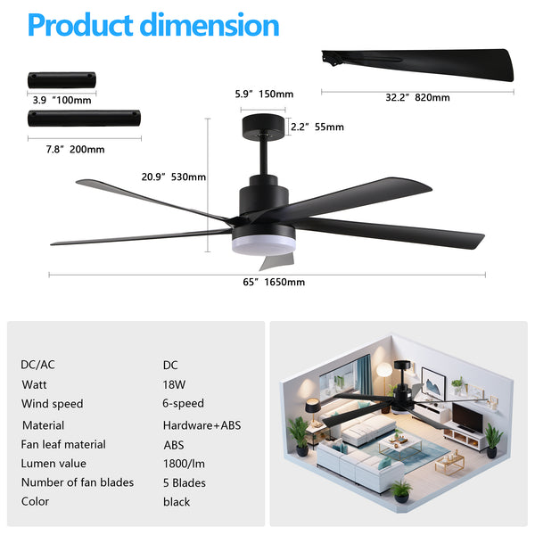 English Elm 65 Black 5-Blade Ceiling Fan with Dimmable LED Light, Remote Control, Quiet DC Motor, Modern Elegance for Living Room Bedroom W1340P243907