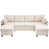 English Elm 111.8" Sectional Sofa Pull-Out Sofa Bed Versatile Sofa Sleeper With Large Storage Space, Two Usb Ports and Two Cup Holders For Living Room, Beige