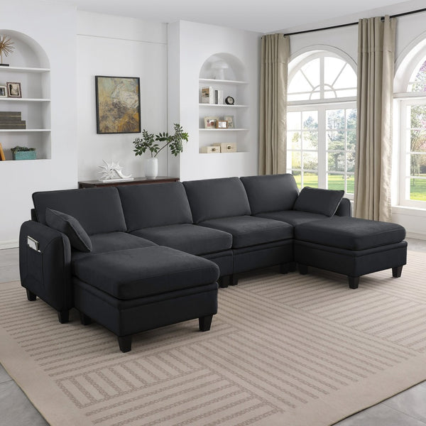 English Elm 102 Inch Linen Modular Sectional Sofa with Hidden Storage and Cloud Cushion Comfort Black W1099S00217