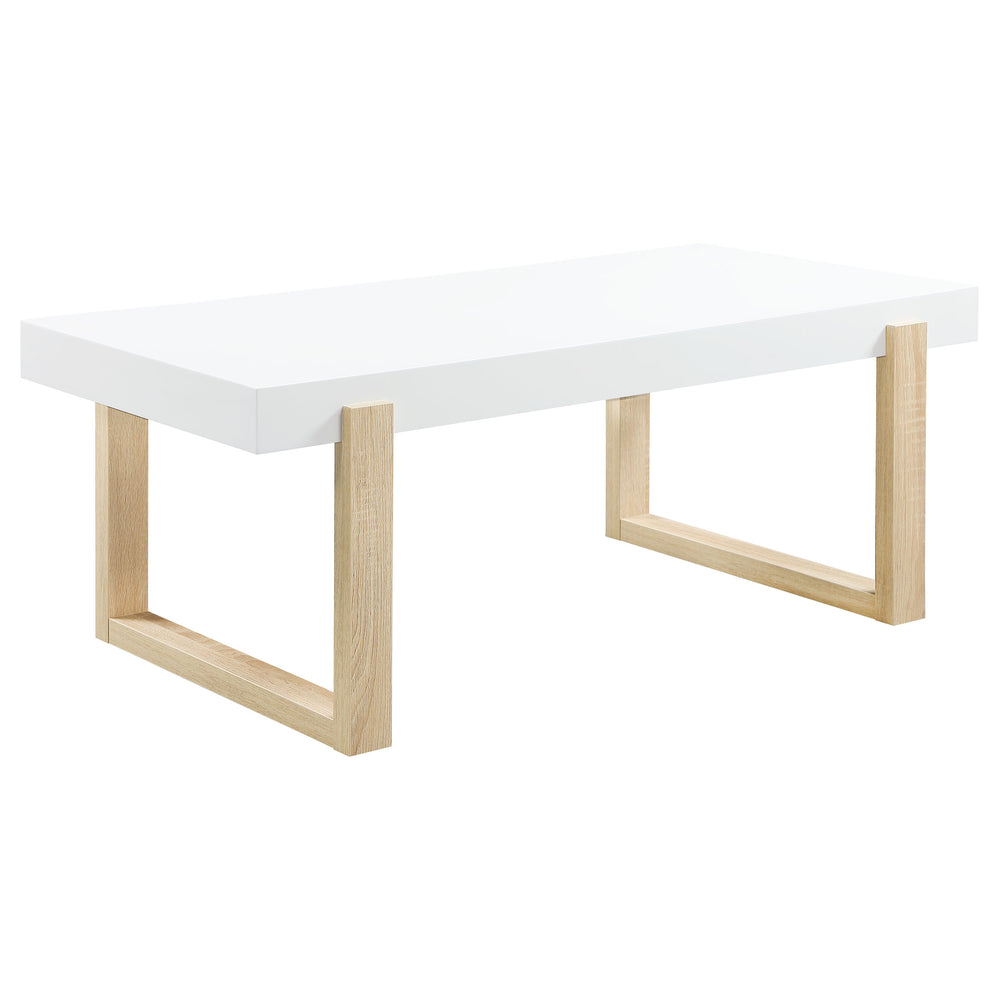 English Elm Gwen High Gloss White Coffee Table With Natural Wood Sled Base - Modern Minimalist Centerpiece B062P333453