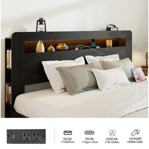 English Elm Bed Frame King Size - Stylish Wood Platform With Led Headboard, Usb Ports & Ample Storage Space! W636P265356