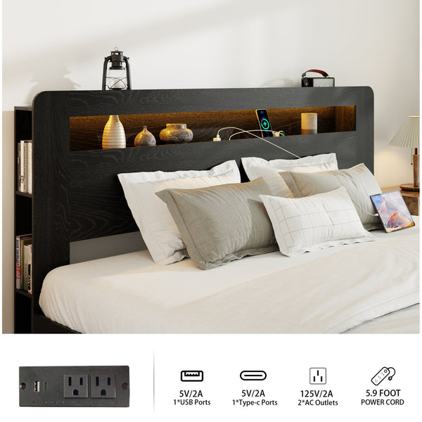 English Elm Bed Frame King Size - Stylish Wood Platform With Led Headboard, Usb Ports & Ample Storage Space! W636P265356