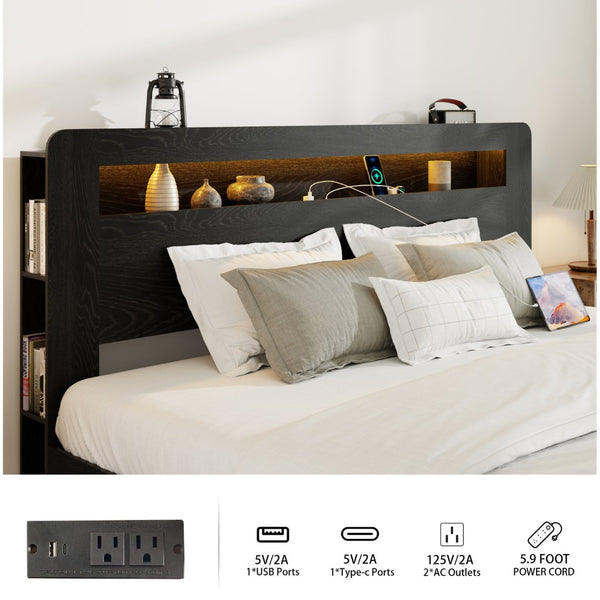 English Elm Bed Full Size Wood Platform with Led Headboard Usb Charging and Under Storage Space W636P318038