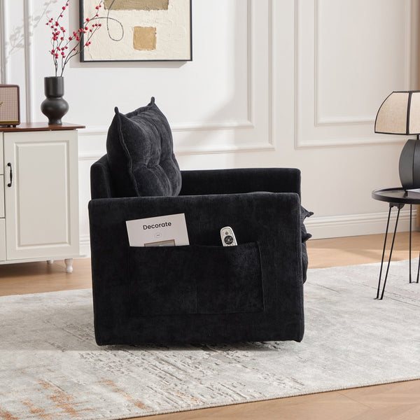 English Elm UNITED Swivel Barrel Chair with Chenille Upholstery, 360° Smooth Rotation, Padded Arm Comfort and Side Pockets for Living Room Relaxation Black W1568P290088