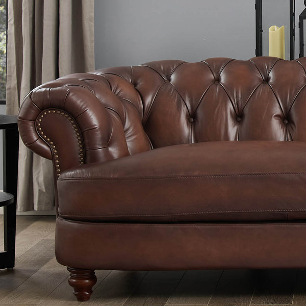 English Elm Newport Hand-Finished Leather Sofa with Nailhead Trim, Serpentine Front Rail & Turned Wood Legs B2705P211810