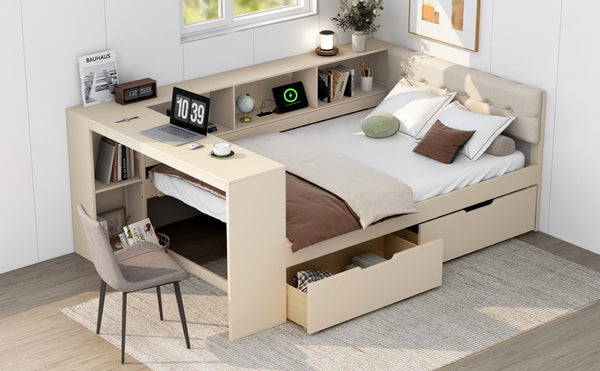 English Elm Wood Full Size Platform Bed With Upholstered Headboard, Storage Solutions & Usb Charging Station GX002108AAC-GIGA