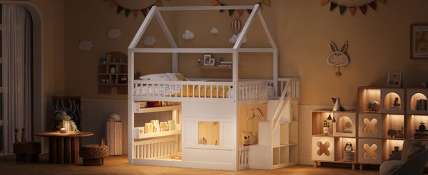 English Elm Full Size Solid Wood House Bed with Led Shelf Lighting for Kids Bedroom White N7500005026K