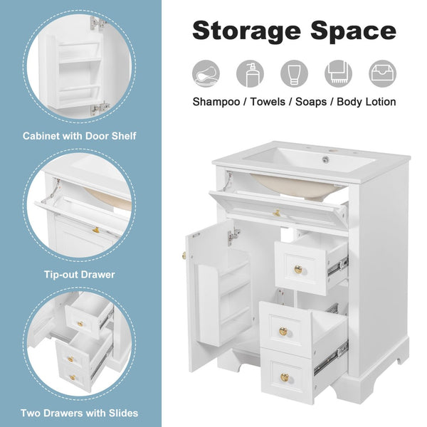 English Elm "24'' 24 Inch Glossy Freestanding Bathroom Vanity with Gold Hardware and Soft Close Storage White Pinewood N725P375495K
