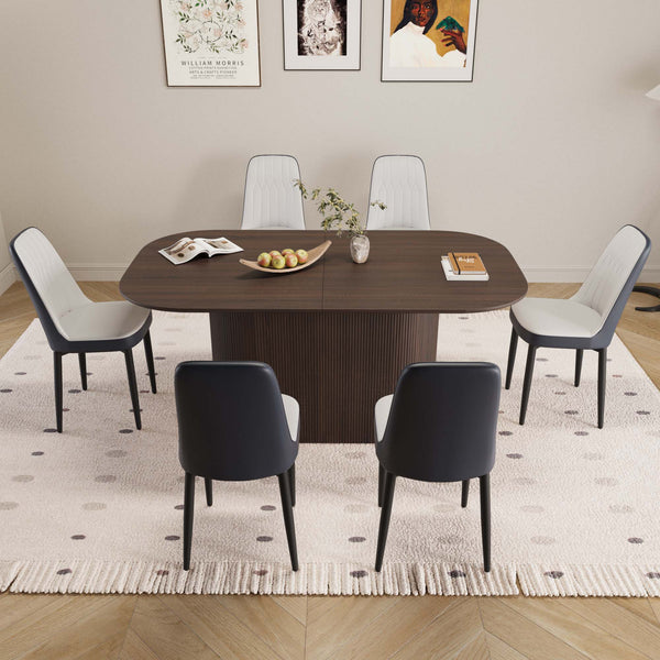 English Elm 63" Modern-Medieval 7-Piece Dining Set With Brown Mdf Table & Pu Chairs For Stylish Home Spaces W2189S00705