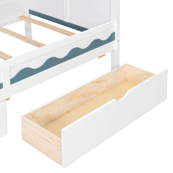 English Elm Twin Over Kids Bunk Bed with Castle Roofline Led Lights and Staircase Storage White N820S00068K