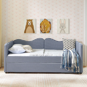 Twin‑size Gingham Upholstered Daybed with Pull Out Trundle and Side Storage Pocket