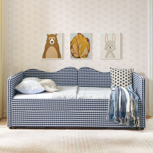 Twin‑size Gingham Upholstered Daybed with Pull Out Trundle and Side Storage Pocket
