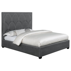 English Elm Maille Charcoal Upholstered Eastern King Bed - Modern Elegance With Scalloped Headboard & Nail Trim B062S01009