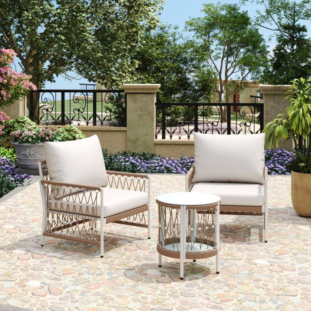 English Elm 3-piece Outdoor Bohemian Rope Lounge Set with Tempered Glass Table for Patio N767P306731B_N767P306732B