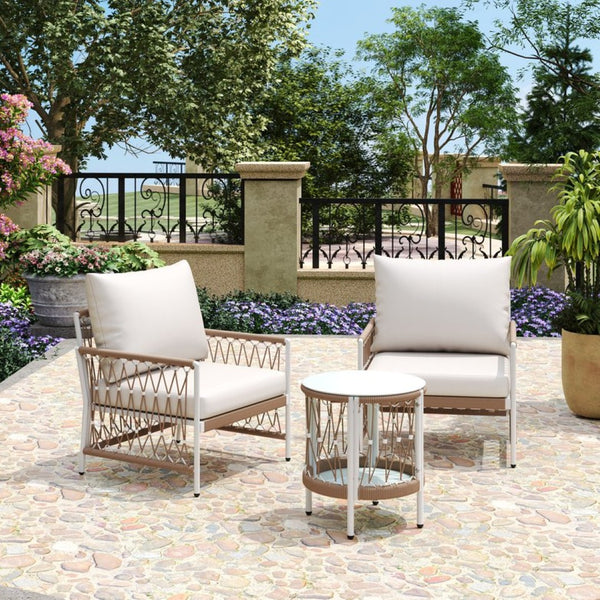 English Elm 3-piece Outdoor Bohemian Rope Lounge Set with Tempered Glass Table for Patio N767P306731B_N767P306732B