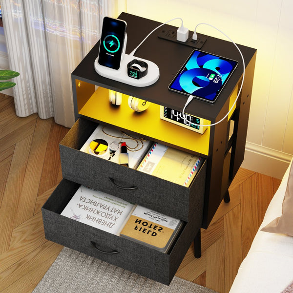 English Elm 2 Pack Modern Nightstand With Charging Station & Led Light - Stylish Bedside Tables With Fabric Drawers W1550P272496