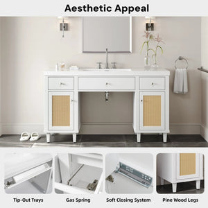 English Elm 60 Inch Double Sink Bathroom Vanity Rattan Pine Legs Soft Close Storage Brown White N817P296127W