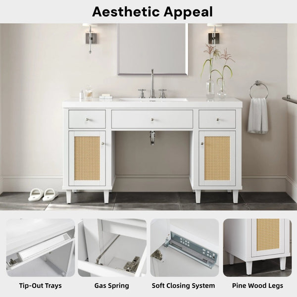 English Elm 60 Inch Double Sink Bathroom Vanity Rattan Pine Legs Soft Close Storage Brown White N817P296127W