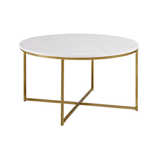 English Elm Walker Edison - Modern Glam Round Faux Marble Coffee Table with Gold X-Base, Sturdy Metal Frame, Chic Mid-Century Appeal B185P326703